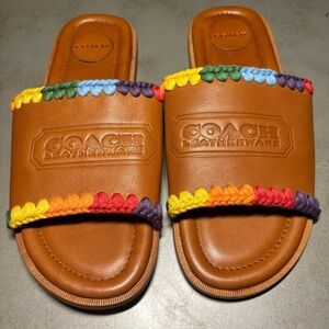Coach Men's Pride Burnished Amber Leather Crochet Trimmed Slides, Size 10